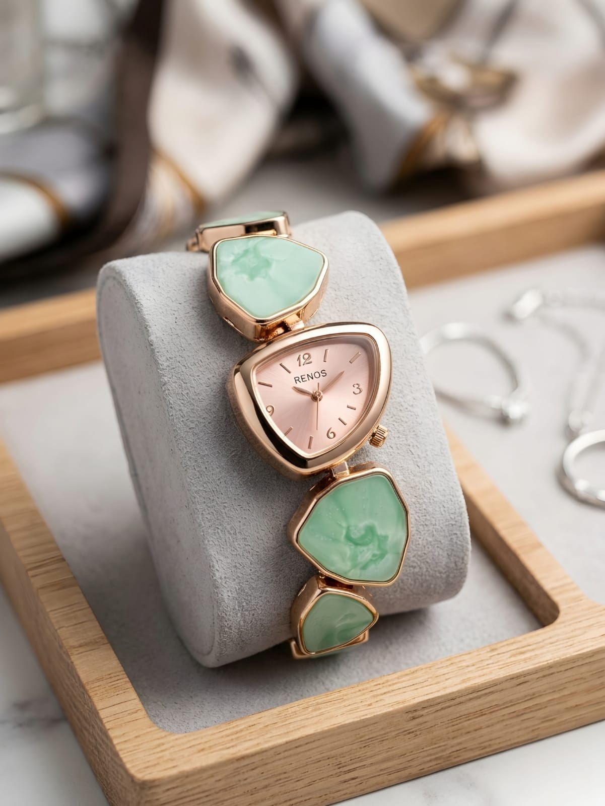 Renos Stylish Rose Gold Girls Watch with Green Stone Bracelet