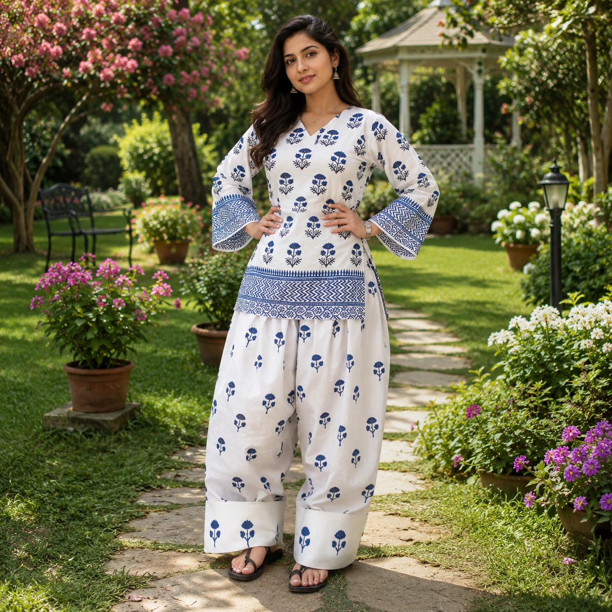 Blue Floral Cotton Co-ord Set for Women