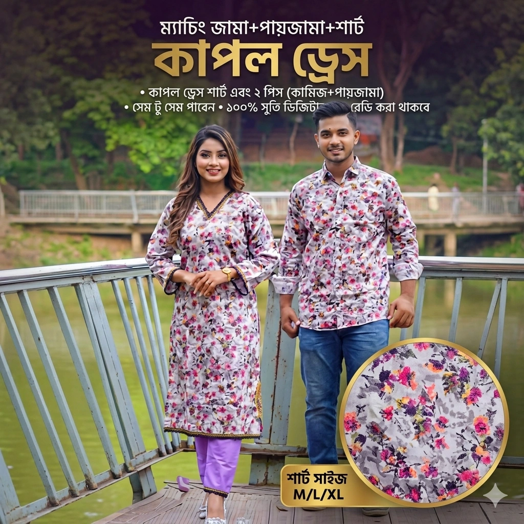 Matching Couple Dress Combo Kamiz+Pajama & Men's Shirt-Premium Digital Print