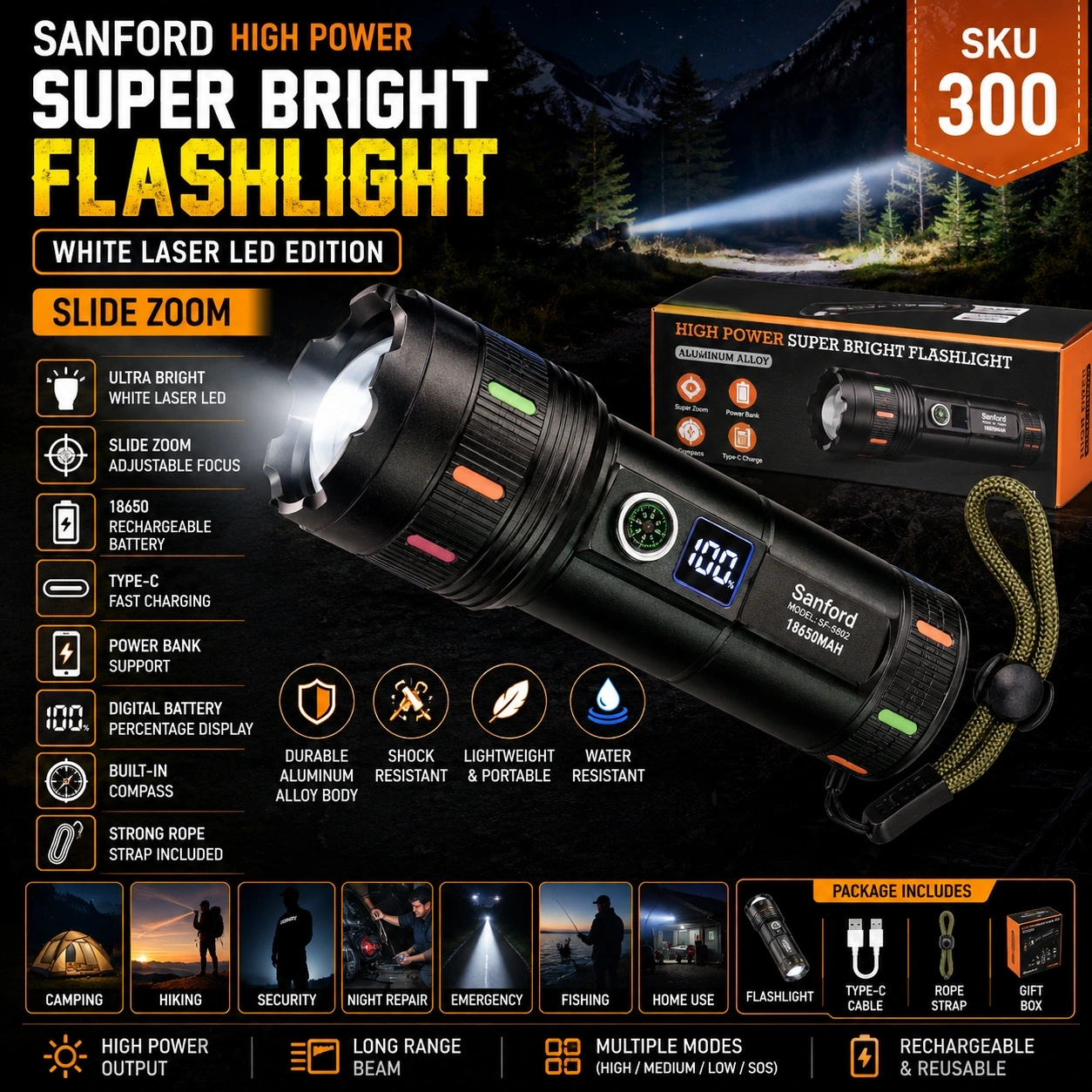 Sanford High Power Rechargeable LED Flashlight with Zoom & Power Bank