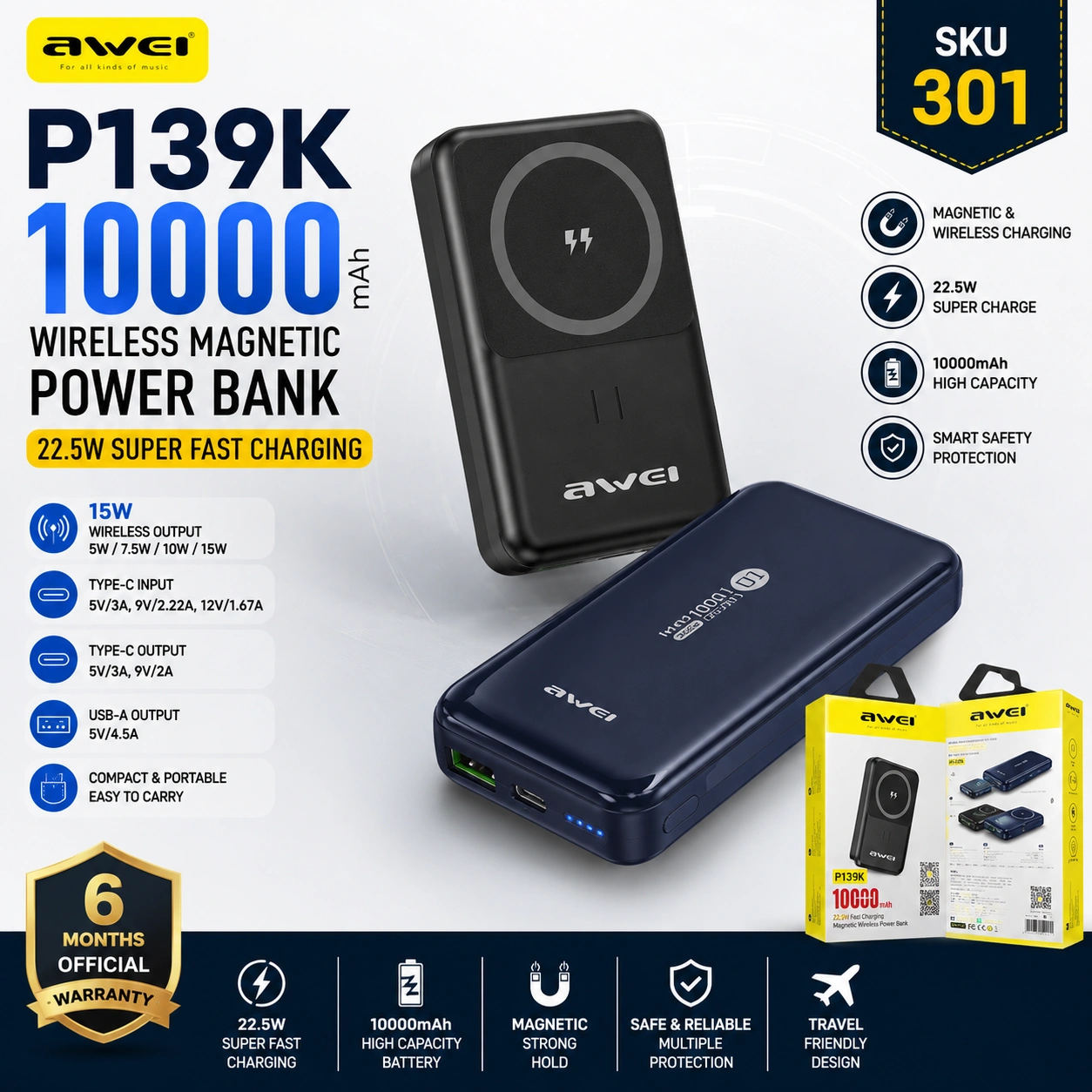 Awei P139K 10000mAh 22.5W Wireless Magnetic Power Bank with Fast Charging