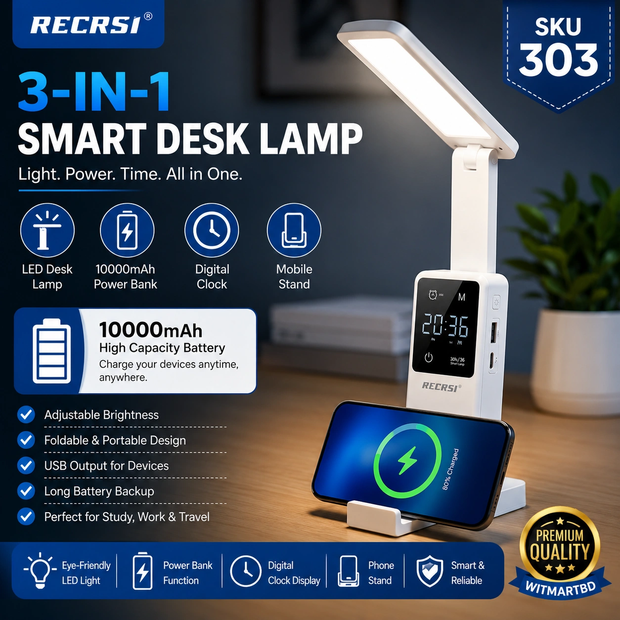 RECRSI 3-in-1 Smart Desk Lamp with 10000mAh Power Bank