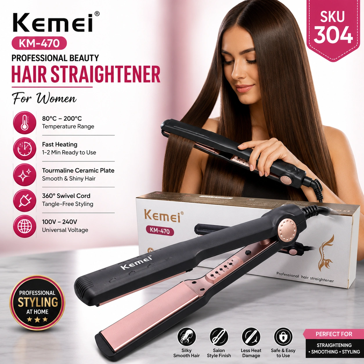 Kemei KM-470 Professional Hair Straightener for Women