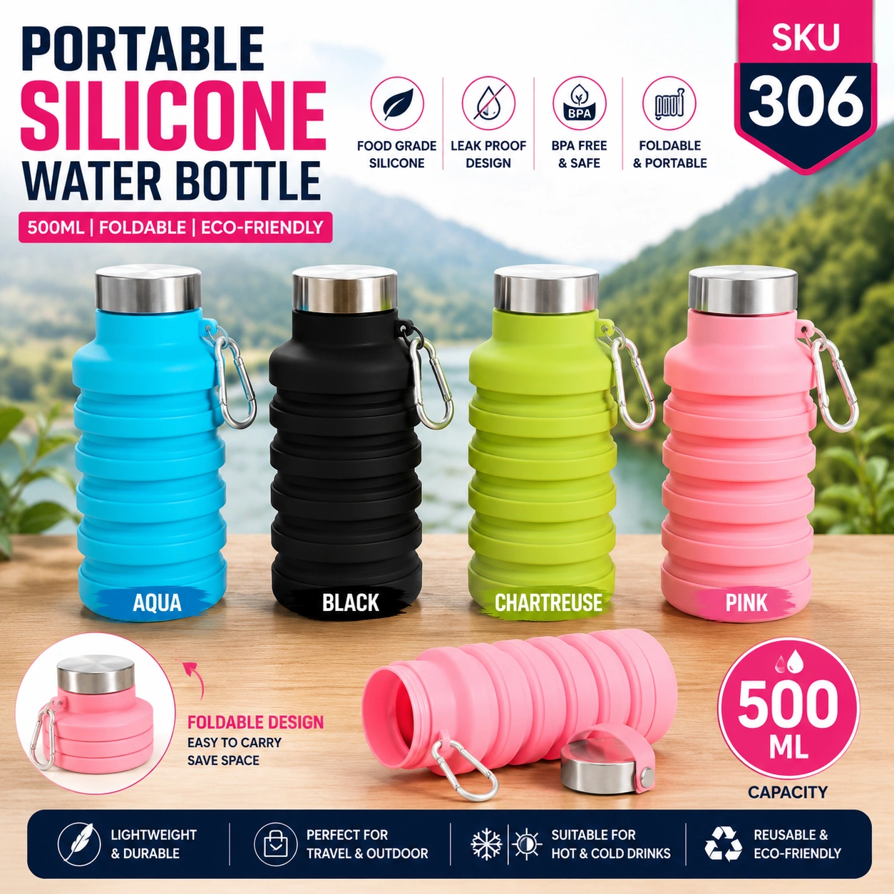 Portable Silicone Foldable Water Bottle 500ML
