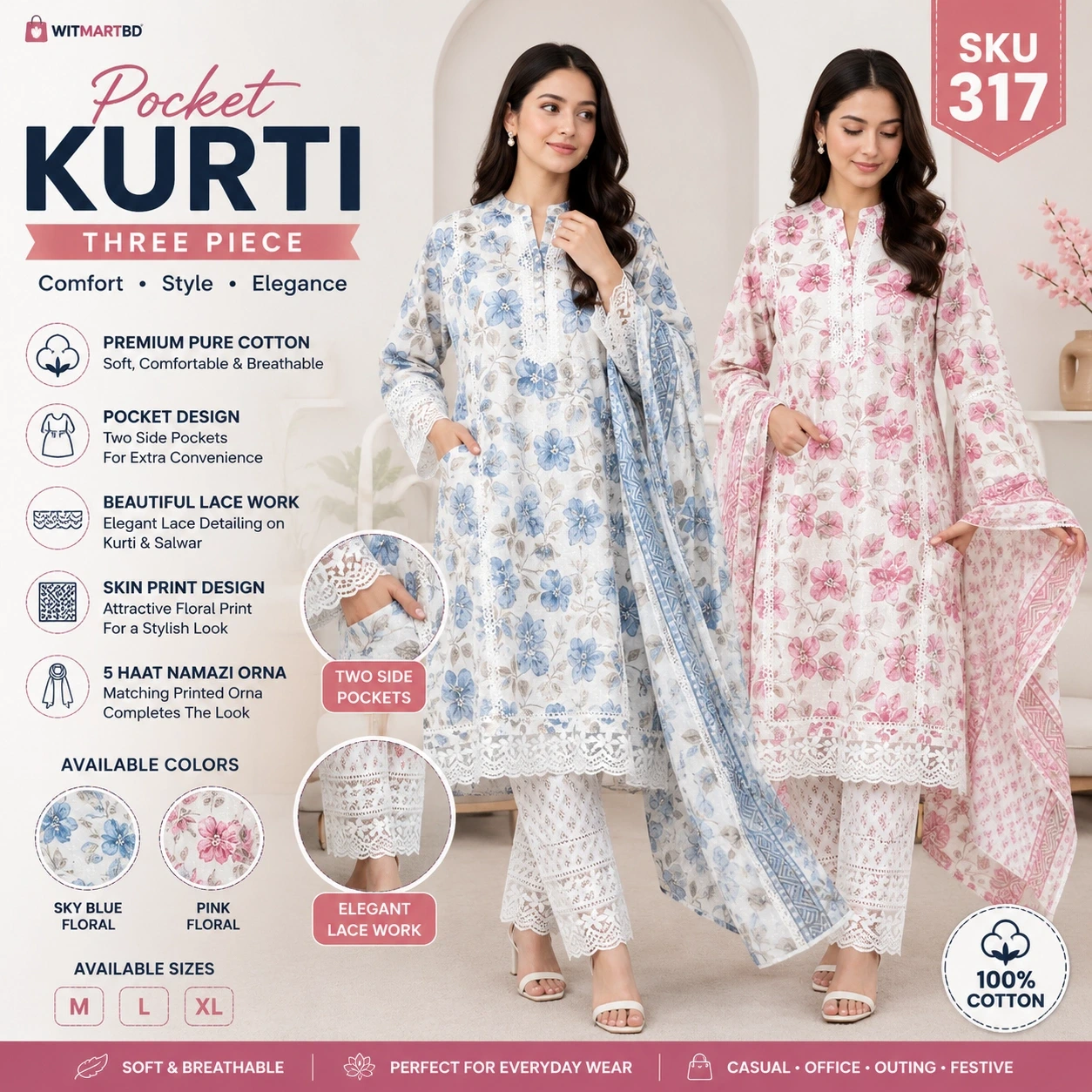 Pocket Kurti Three Piece