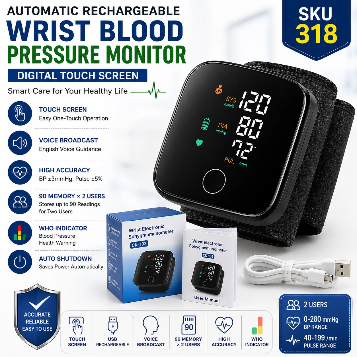 Automatic Rechargeable Wrist Blood Pressure Monitor CK-102 USB