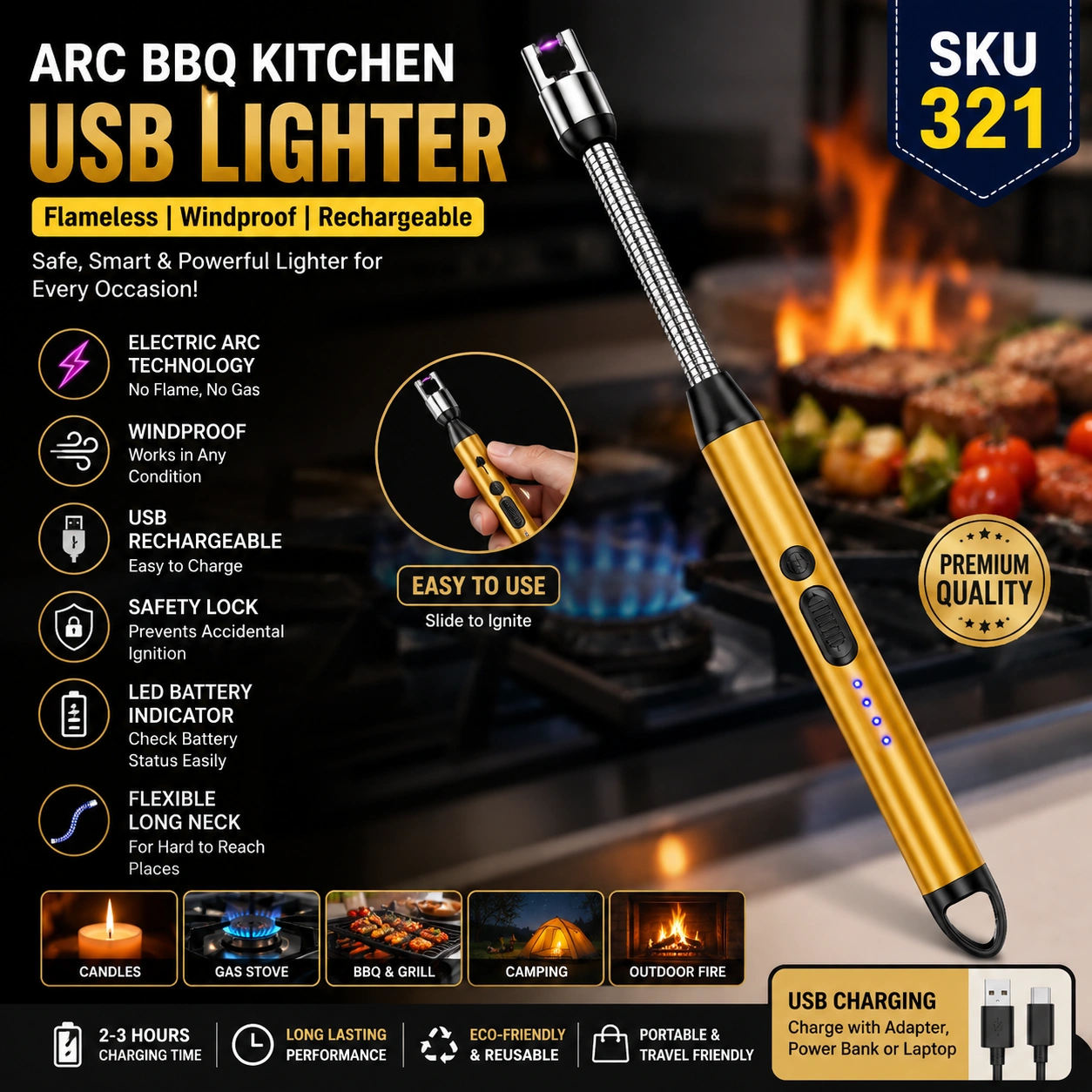 USB Rechargeable Arc BBQ Lighter with Flexible Neck
