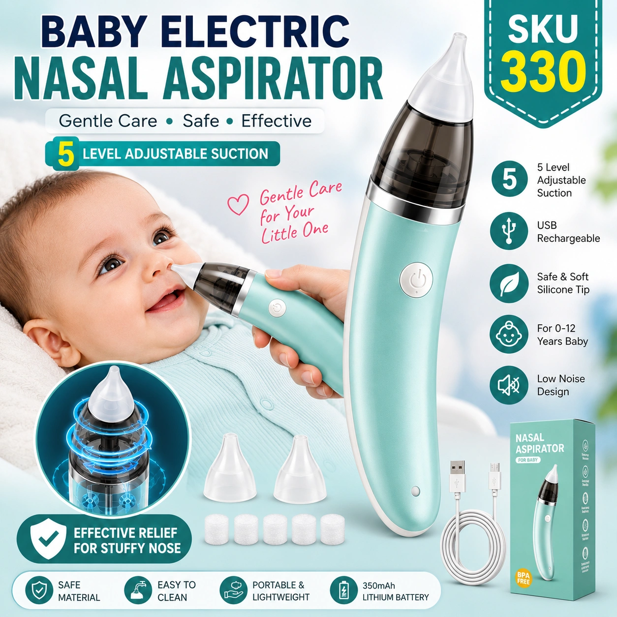Baby Electric Nasal Aspirator 5-Level USB Rechargeable Nose Cleaner