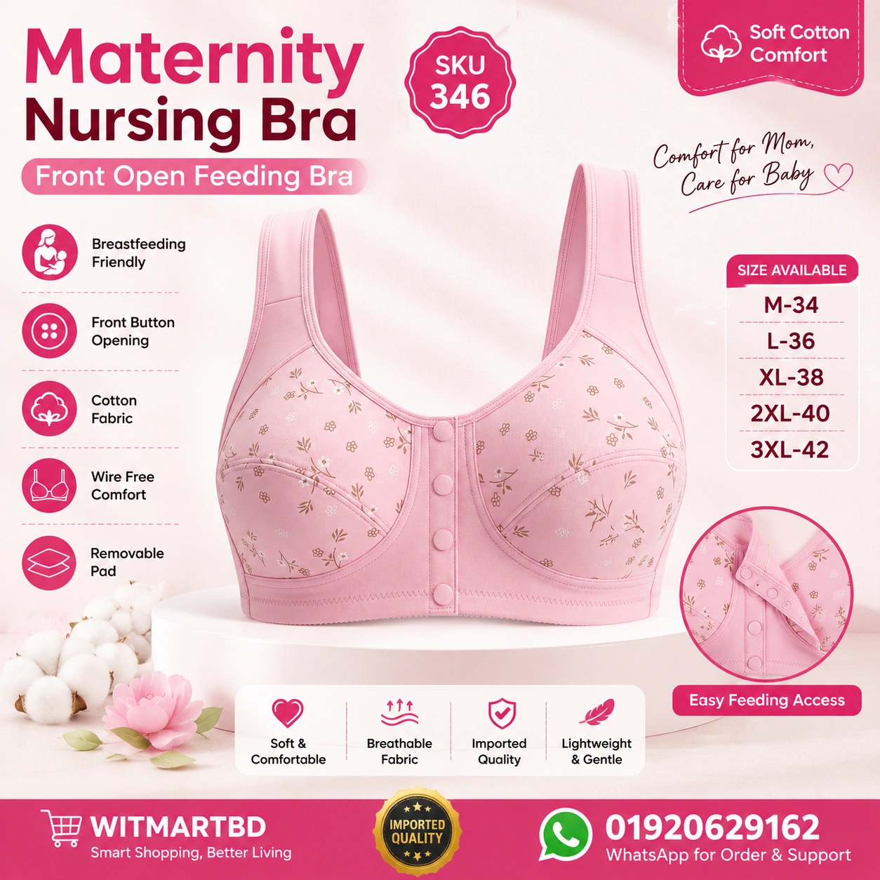 Imported Cotton Maternity Nursing Bra-Front Open Feeding Bra