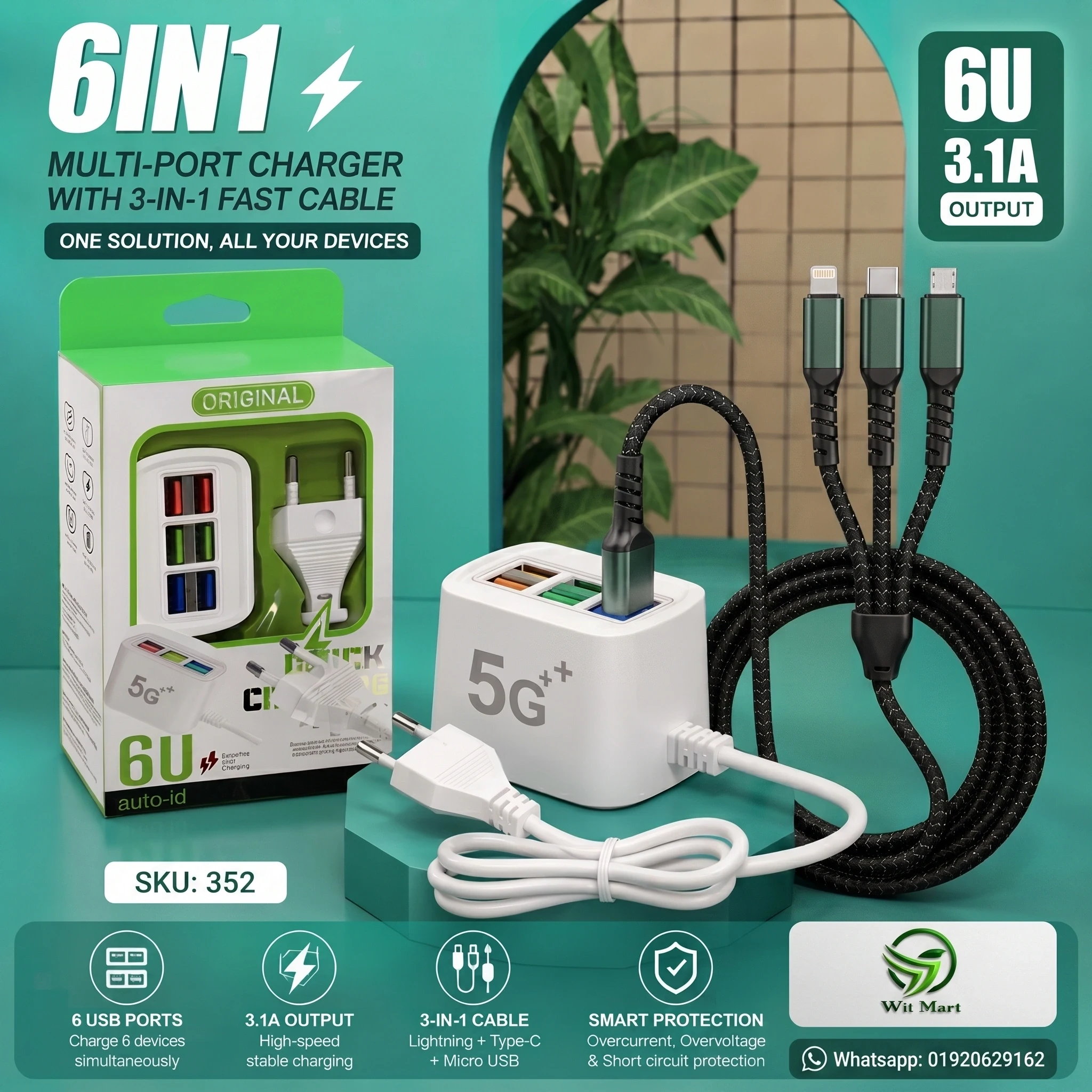 6-in-1 Multi-Port USB Charger with 3-in-1 Fast Cable