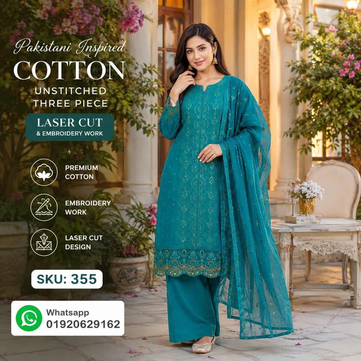 Pakistani Inspired Cotton Unstitched Three Piece with Laser Cut & Embroidery Work