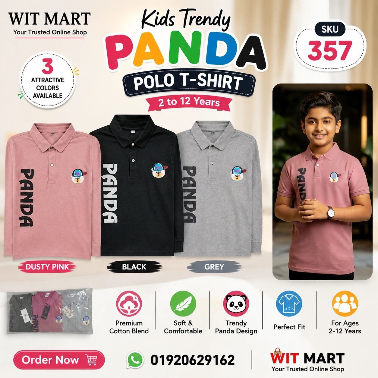 Kids Trendy Panda Design Polo T-Shirt